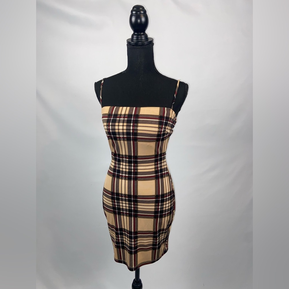 Bodycon Dress Stretch Plaid Medium Windsor Beige Burgundy Black Spaghetti Straps